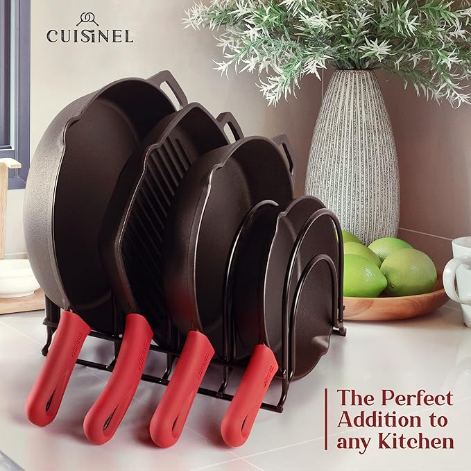 Cuisinel Pots and Pans Organizer Rack - Heavy Duty 60-LBS Capacity - 6mm Thick - Made in India - Matte-Black 12.2"-Tall 5-Tier Space-Saving Kitchen Storage for Cast Iron Cookware, Skillet, Dish, Plate-NeatNest