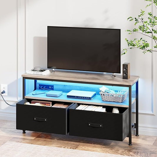 39" Dresser TV Stand for TVs up to 50", Media Console with LED Lights, Charging Station & 2 Drawer Storage Chest, Gaming Entertainment Center with Storage for Bedroom (Grey, 39 in)-NeatNest