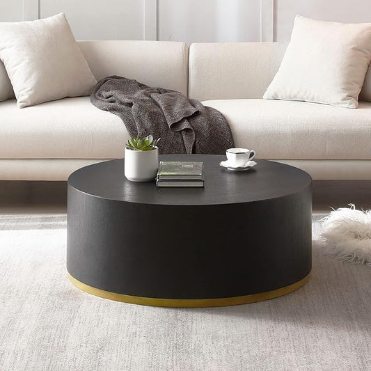 kevinplus Black Coffee Table Side Table End Table for Living Room, Drum Round Circle Wood Coffee Table Modern Contemporary Coffee Table for Apartment Office, Black & Gold