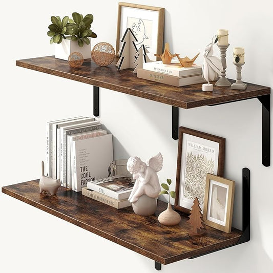 Floating Shelves for Wall, 12 Inch Deep Floating Shelves Set of 2, Wall Mounted Shelf with Metal Brackets, Rustic Wood Wall Shelf for Bathroom, Kitchen and Living Room, Rustic Brown, 36W x 12D-NeatNest
