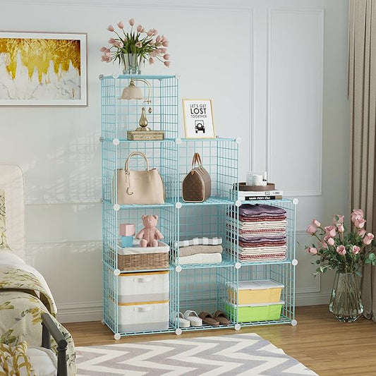 C&AHOME Wire Cube Storage, 9 - Cube Organizer Metal C Grids, Modular Shelves Units, Closet Organizer, Ideal for Home, Office, Living Room, 36.6”L x 12.4”W x 48.4”H, Blue UWCS3009B-NeatNest