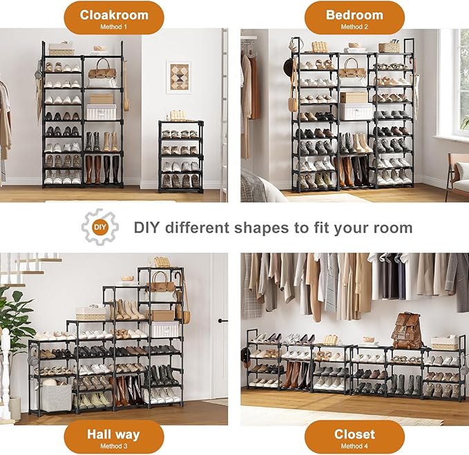 WOWLIVE 9 Tiers Large Shoe Rack Storage Organizer for Closet 50-55 Pairs Shoe Tower Unit Shelf Stackable Shoe Rack with Metal Pipes Plastic Connectors Black(SSS3B9)-NeatNest