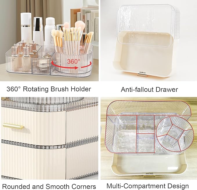 DASITON Makeup Organizer with Drawers and Rotating Makeup Brush Holder,Large Capacity Stackable Cosmetic Organizer Countertop,Bathroom Organizers and Storage,Make up Organizers for Vanity (Cream 03)