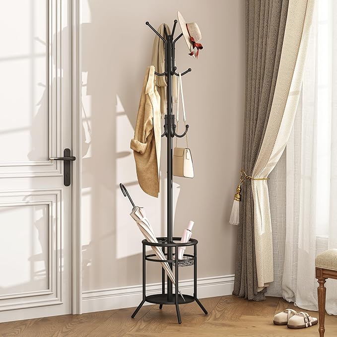 ELYKEN Coat Rack Freestanding, Metal Coat Rack Stand with Umbrella Holder, Modern Coat Tree with 12 Hooks, Floor Standing Corner Hall Tree for Entryway Living Room Bedroom Office, Black-NeatNest