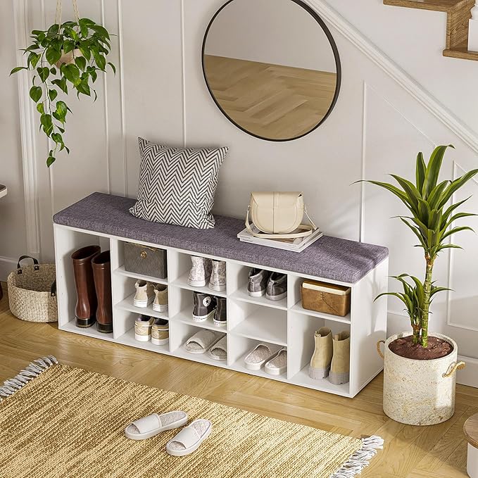 DINZI LVJ Shoe Storage Bench with Cushion, 15-Cubby Shoe Rack, Adjustable Shelves, Long Shoe Organizer Bench for Entryway, Mudroom, Hallway, Living Room, Bedroom and Garage, White-NeatNest