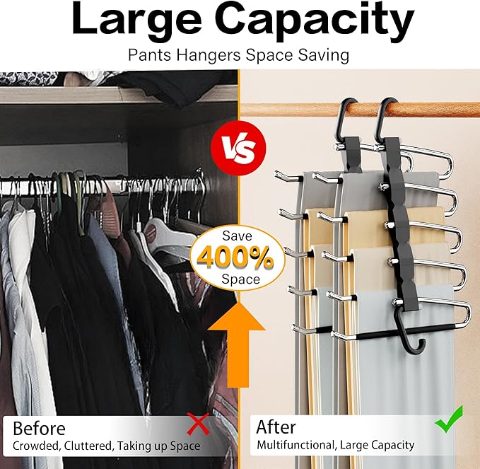 Pants Hangers Space Saving - 2 Pack Closet Organizer and Storage Jean Hangers, Stainless Steel Anti-Slip Clothes Hanger Scarf Holder for Pants Jeans Leggings Trousers Pant Rack, Black-NeatNest