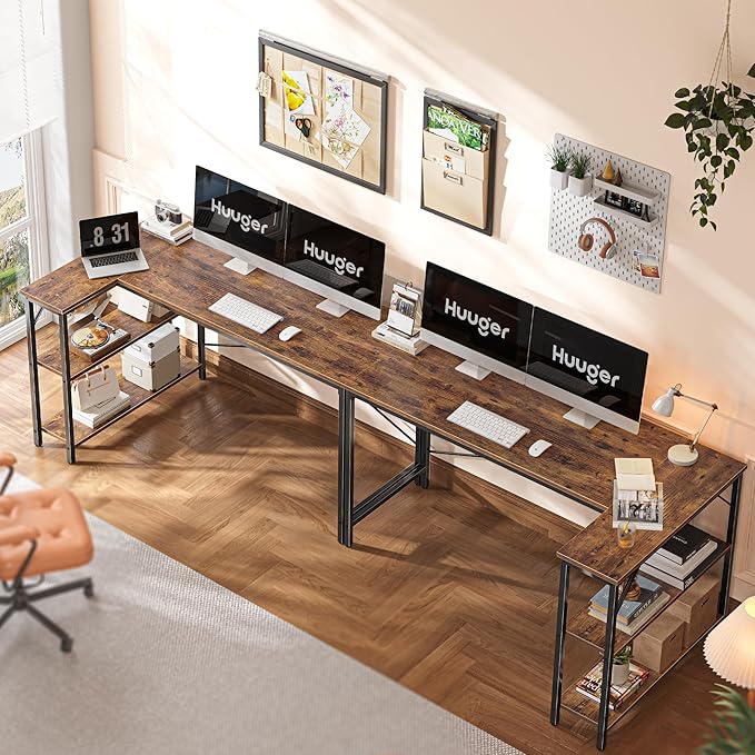 Huuger L Shaped Desk, 55 Inches Computer Desk with Reversible Storage Shelves, for Gaming Corner Home Office Writing Study, Metal Frame, Rustic Brown-NeatNest