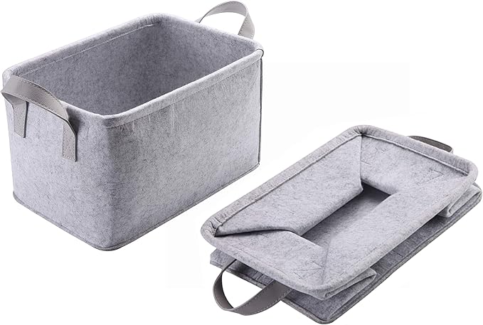Collapsible Storage Bins Foldable Felt Fabric Storage Basket Organizer Boxes Containers with Handles PU Handles for Nursery Toys,Kids Room,Clothes,Towels,Magazine (PU-Light grey, 15.9L×11W×9.8H)-NeatNest