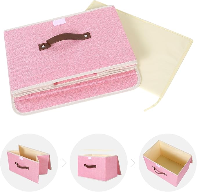 ANMINY 2PCS Storage Bins with Lid PU Leather Handles Storage Boxes PP Plastic Board Decorative Foldable Lidded Cotton Linen Fabric Home Cubes Baskets Closet Organizer Containers - Pink, Large Size-NeatNest