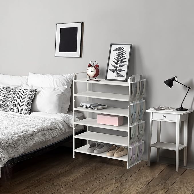 Simple Houseware 6-Tier Shoe Rack Storage Organizer w/Side Hanging Bag, White-NeatNest