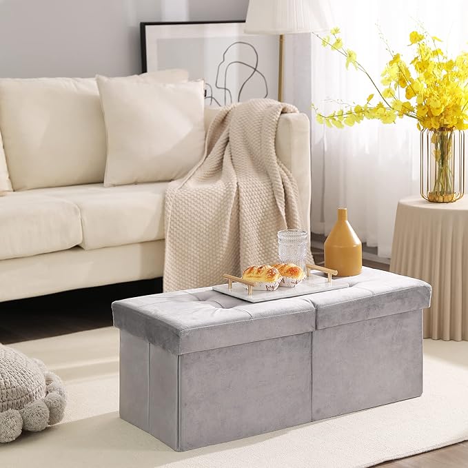 CUYOCA Storage Ottoman Bench Foldable Seat Footrest Shoe Bench End of Bed Storage with Flipping Lid, 75L Storage Space, 30 inches Velvet Light Grey-NeatNest