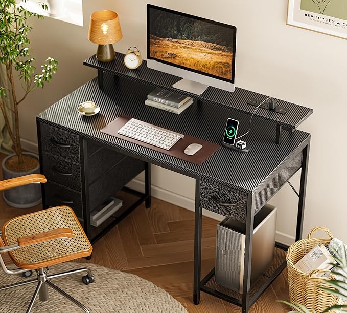 Huuger 47 inch Computer Desk with 4 Drawers, Gaming Desk with LED Lights & Power Outlets, Home Office Desk with Large Storage Space for Bedroom, Work from Home, Carbon Fibre Black-NeatNest