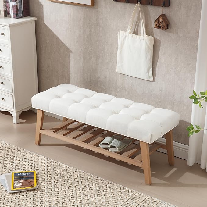 Entryway Shoe Bench Storage Benches with Upholstered Button Tufted Seat and Open Slatted Shelf Linen Shoe Rack for Hallway Living Room Bedroom End of Bed, Beige-NeatNest