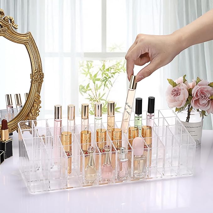 ELLDOO Rollerball Perfume Organizer, 44 Spaces Clear Acrylic Perfume Storage Holder Beauty Scent Holder, Essential Oil Storage Holder Organizer, Makeup Lipgloss Lipstick Display Case-NeatNest