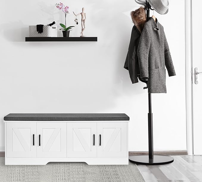 2-Tier Storage Bench, Shoe Bench with Padded Seat Cushion, Entryway Bench with 4 Barn Doors, Adjustable Shelf, 13.8" D x 47.2" W x 17.7" H, for Entryway, Living Room, Bedroom, White-NeatNest
