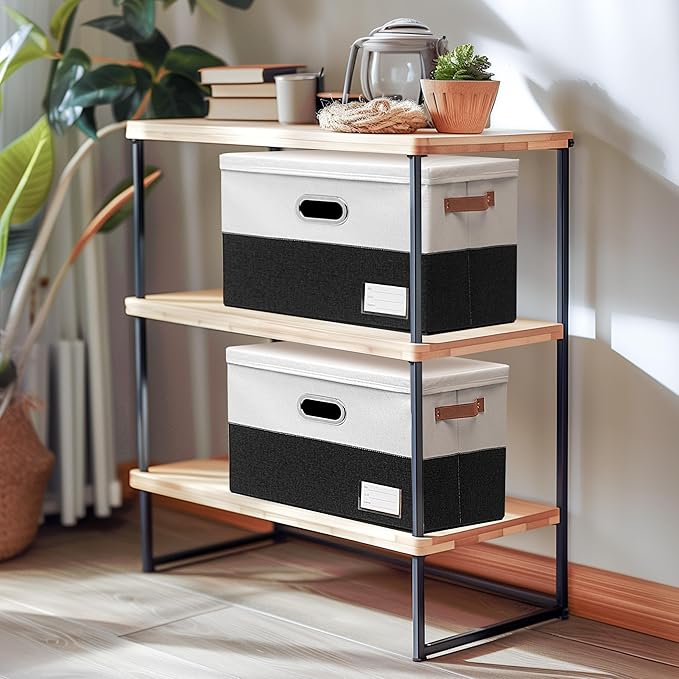 Foldable Fabric Storage Boxes with Lids, Collapsible Versatile Bins Baskets Cubes with Handles for Easy Organization in Closet, Living Room, and Bedroom (Black & White, 3PCS/11.4*8.6*6.7in)-NeatNest