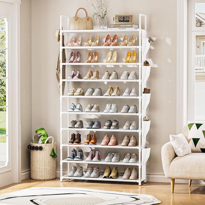 Tall Shoe Rack 10 Tier Shoe Racks Organizer for Closet 40-45Pairs,Large Capacity Storage Rack for Shoes with 5Hooks,Sturdy Metal Shoe Shelf, Vertical Shoe Stand Tower-NeatNest