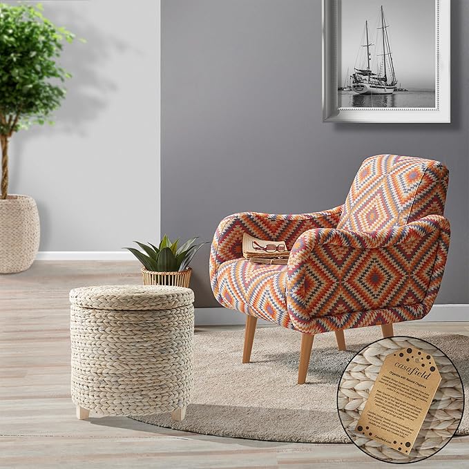 Casafield 17" Round Storage Ottoman with Lid - Whitewash, Handwoven Water Hyacinth Footstool for Living Room, Bedroom, Bathroom, Home Office-NeatNest