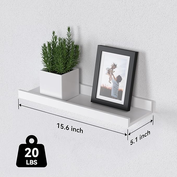 Floating Shelves Set of 6, White Wall Shelves with Lip, Display Shelves for Wall Decor, Modern Picture Ledge for Living Room, Bedroom, Nursery, Bathroom, Pictures, Books, Plants- White-NeatNest