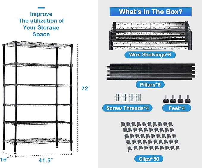 6-Tier Metal Wire Shelving Unit Snack Shelf Height Adjustable Storage Rack NSF Certified Storage Shelves 1500 Lbs Capacity Standing Utility Shelf for Laundry Kitchen Pantry Garage Organization