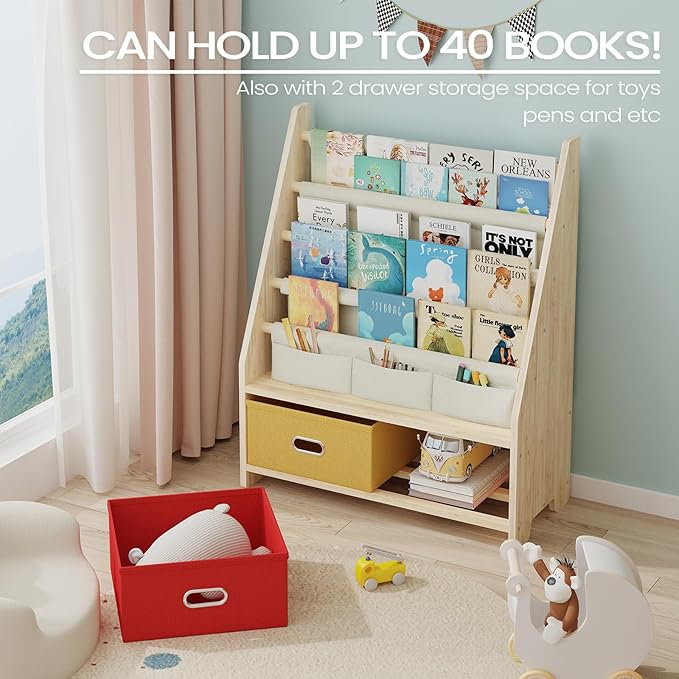 4 Tier Kids Book Shelf, Wooden Kids Book Rack Storage Bookshelf with Toy Storage Organizer, Toddler Sling Bookshelf for Boys, Girls, Kids Room, Red/Yellow
