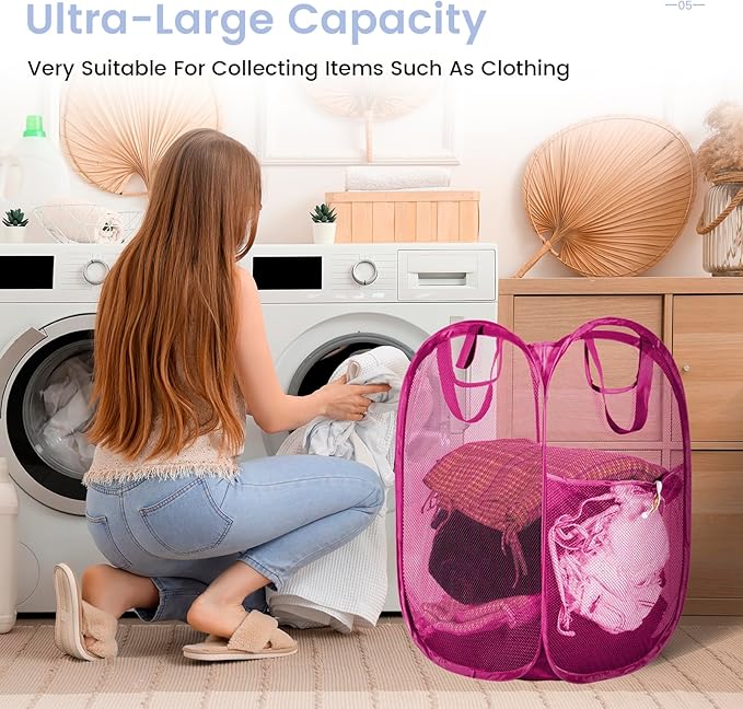 HOUSE AGAIN 2 Pcs Pop Up Laundry Hamper, Strong Mesh Laundry Baskets Collapsible, Hamper with Handles and Side Pocket, Portable Foldable Dirty Clothes for Dorm, Laundry room and Travel Storage, Grey-NeatNest