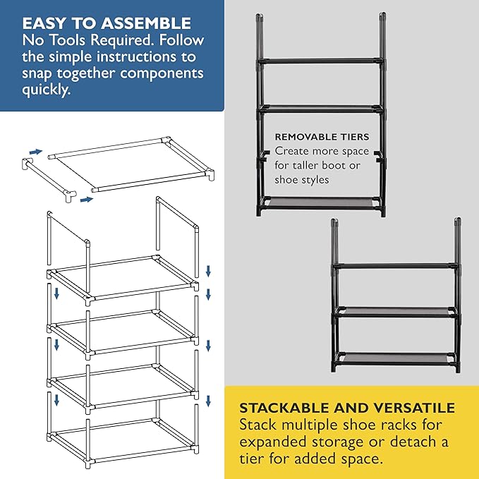 Sundaze Shoe Rack - 4 Tier Shoe Rack for Closet, Sturdy Stackable Shoe Organizer for Closet, Bedroom, Entryway, Garage, Non Woven Fabric Shelf, Black, Holds 8-12 Pairs-NeatNest