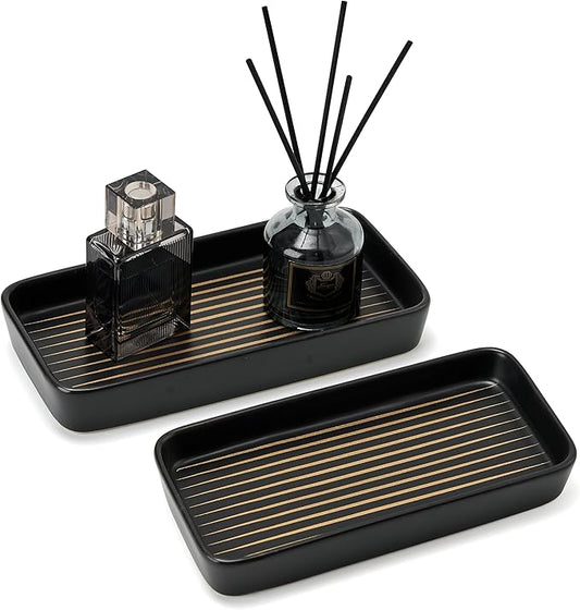 Bathroom Vanity Tray for Countertop,2PC Rectangle Striped Tray,Decorative Bathroom Organizer for Scrubber, Lotion Bottles, Perfume, Jewelry, Candle, Key Trinket Ring(Small,Black)-NeatNest
