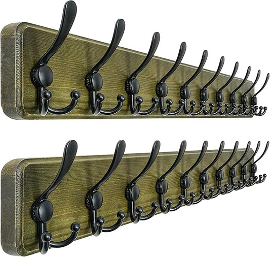 Dseap Coat Rack Wall Mount - 38-1/4" Long, Heavy-Duty, 10-tri-Hooks, Barnwood-Style Wooden Wall Coat Hanger Hook Rail for Winter Coats Hat Jacket Clothing, Weathered Green & Black, Pack of 2