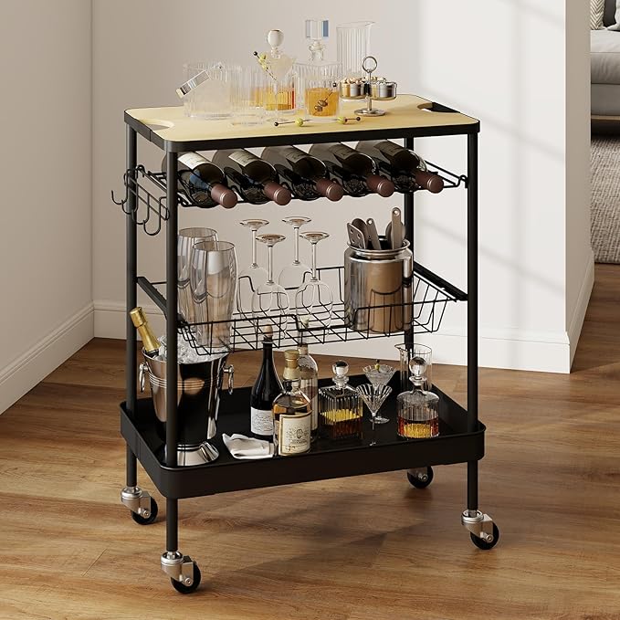 4 Tier Rolling Cart Metal, Easy Install Bar Cart, Heavy Duty, Lockable Wheels for Kitchen, Living Room, Microwave, Black