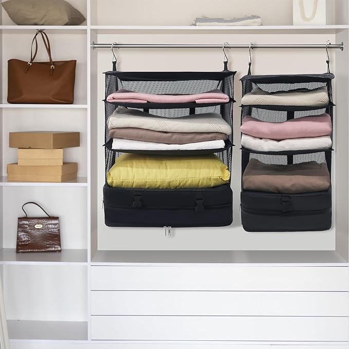 Caroeas Portable Hanging Travel Shelves Bag Suitcase Organizer Carry-on Closet Packing Cubes for Travel, 3-Shelf Suitcase Closet with 2 Hooks, Large Capacity, Black-NeatNest