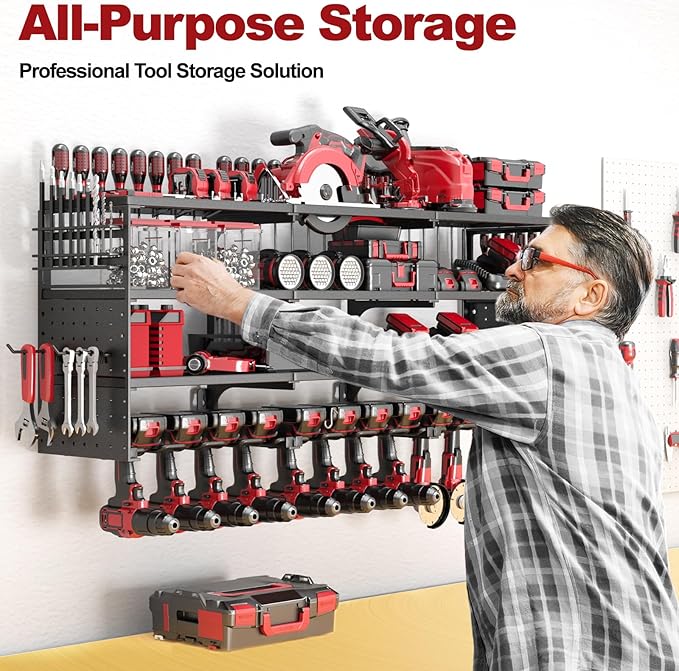 52" W Large Power Tool Organizer Wall Mount -12 Drill Holder for Garage,4 Layer Heavy Duty Power Tool Rack,Tool Organizer Storage for Workshop Garage Basement,Gifts for Men Dad Husband