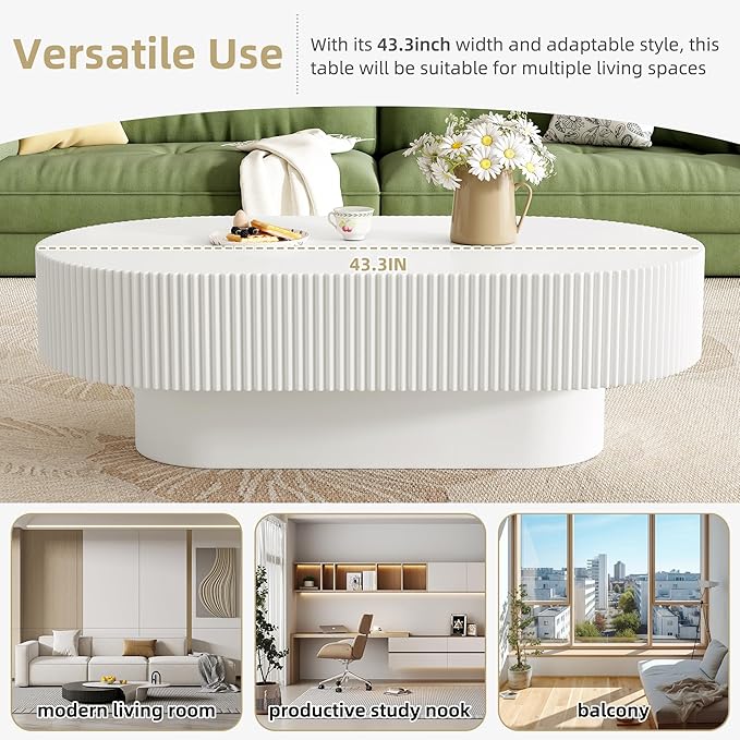 KEVINSPACE Oval Coffee Table for Living Room Modern Wood Center Tables Cocktail Fluted 43.3" W Reception Room Easy Assemble, White