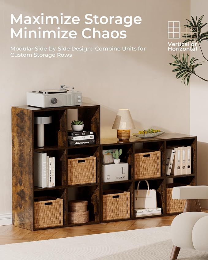 GTPLAYER 6-Cube Storage Organizer, Fits 11" Bins, Vertical or Horizontal Use, Opening Bookshelf, Partial Back Panels, Stackable Design Bookcase, for Closet, Bedroom, Home Office, Rustic Brown