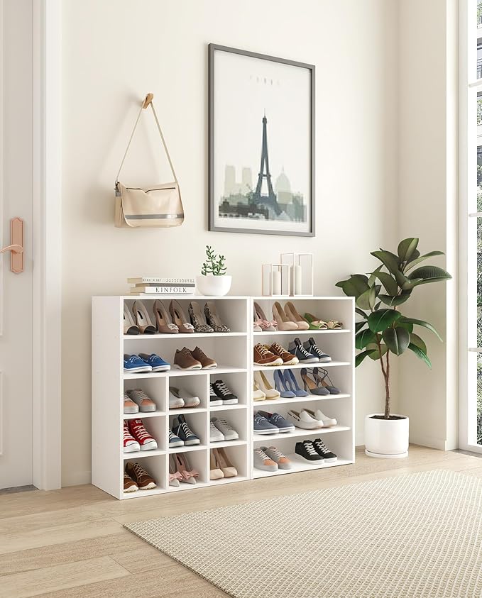 HAIOOU Shoe Cubby, 9-Cube Stackable Wood Shoe Rack Organizer 5-Tier Freestanding Wooden Shoe Stand with 2 Storage Shelf for 10-15 Pairs, Ideal for Apartment, Entryway, Closet Organization - White-NeatNest