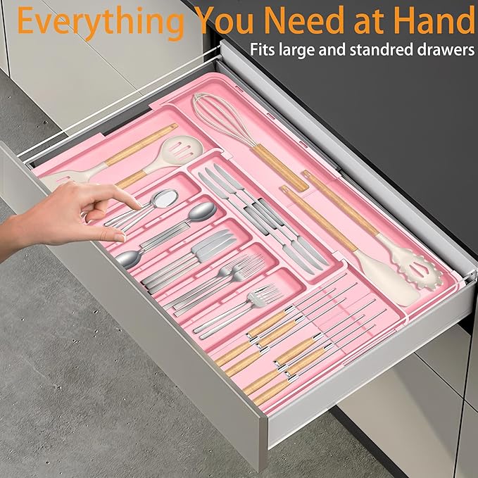 Homecor Silverware Organizer - Expandable Large Kitchen Drawer Organizer Utensil Organizer with 2 Knife Block Inserts, 22"x 19"Cutlery Tray with Drawer Dividers for Kitchen Flatware (Pink)-NeatNest