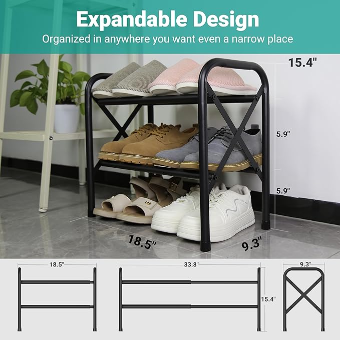 2-Tier Expandable Shoe Rack for Closet, Adjustable Shoe Organizer Metal Shoe Shelf for Entryway, Garage & Corridor, Free Standing Shoe Holders, Easy to Assemble-NeatNest