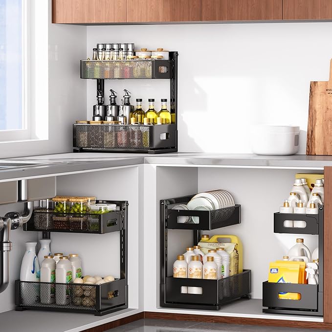 2 Pack Under Sink Organizer, Adjustable Height Under Sink Organizers and Storage, Smooth & Silent Sliding Out Metal Drawer for Kitchen Bathroom Pantry Cabinet Closet (Black)-NeatNest