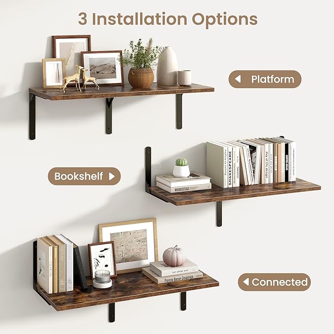 Fun Memories Rustic Brown 12 Inch Deep Floating Shelves Set of 2, Wall Mounted Shelf with Metal Brackets, Rustic Wood Wall Shelf for Bathroom, Kitchen and Living Room-NeatNest