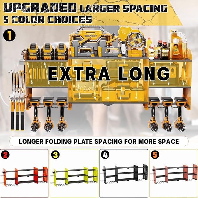 45" Large Power Tool Organizer Wall Mount with Charging Station - 3 Layer Storage Racks with 8 Cordless Drill Holder, 4 Hooks, Heavy Duty Garage Tool Organizer Storage for Workshop Pegboard Basement