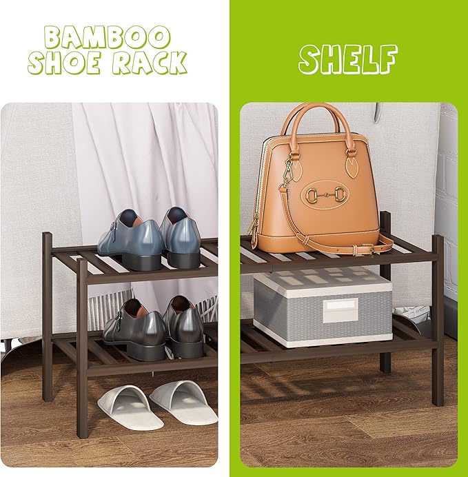 BMOSU 2-Tier Bamboo Shoe Rack Premium Stackable Shoe Shelf Storage Organizer for Hallway Closet Living Room Entryway Organizer (Brown Bamboo)-NeatNest