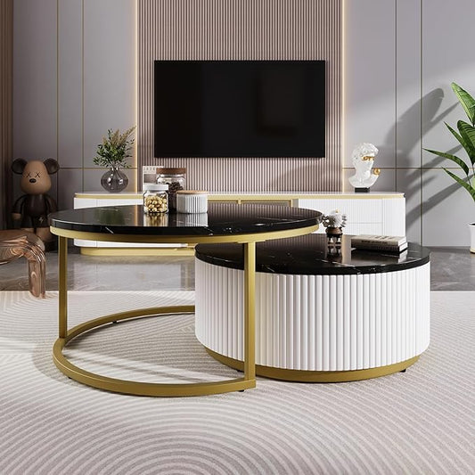 27.6" Lift-Top Nesting Coffee Table Set of 2, Modern Round Coffee Table with Drawer, Circular Wood Center Table Set for Living Room, Apartment, Black & Gold