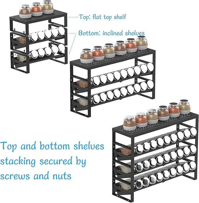 Expandable, Stackable, Adjustable Spice Rack Kitchen Organizer,Metal Pantry Storage Shelves - Multi-Tier Shelf for Cabinet, Countertop, Pantries, Cupboard or Wall Mount,Black-NeatNest
