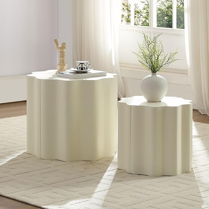 kevinplus 2-in-1 Irregular Nesting Side Table End Table Set of 2 for Living Room, Fiberglass Material & No Assembly, Beige