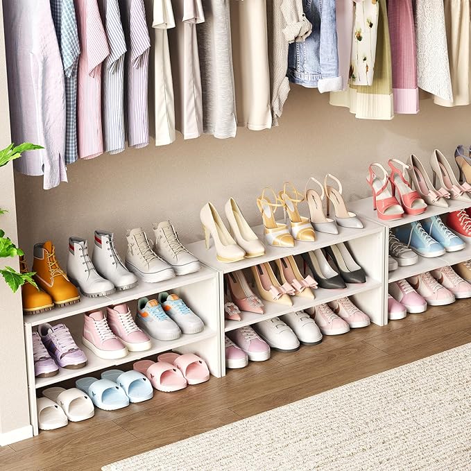 X-cosrack 2-Tier Shoe Rack Organizer for Closet, Expandable and Adjustable White Shoe Rack, Stackable Iron Wood Combination Shoe Storage Shelves for Closets, Entryway, Small Space, Hallway, Garage-NeatNest