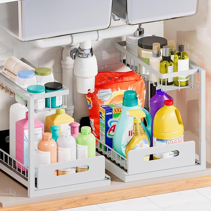 VUSIGN 2 Pack Under Sink Organizer and Storage, 2 Tier Under Cabinet Organizer for Bathroom Kitchen with Pull Out Storage Shelf Drawer, White-NeatNest