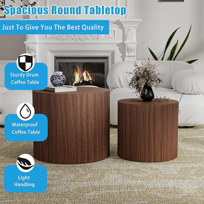 Nesting Coffee Table Set of 2, Modern Round Coffee Table with Non-Slip Feet, Wooden Circle Accent Tables for Small Spaces Living Room Bedroom Balcony Office Drum Side Table (C Walnut)