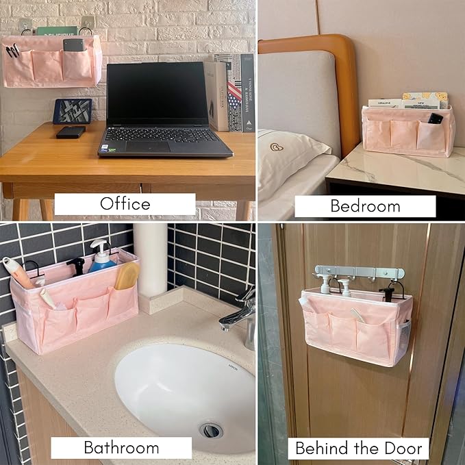 2pcs Light-Style Wall Hanging Storage Bag, Linen Fabric Door Hanging Organizer Baskets with Pockets, Waterproof Bin for Bedroom, Kitchen, Office, RV Camper (Pink-2pcs)-NeatNest