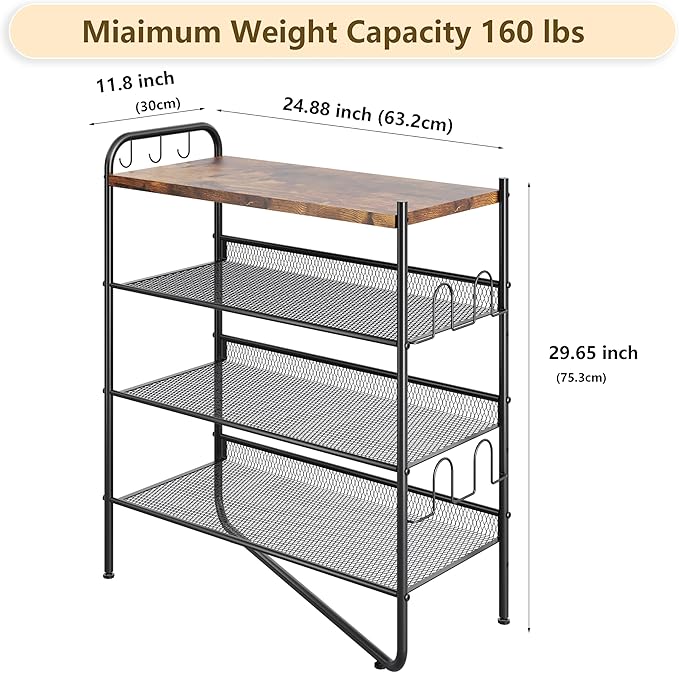 4 Tier Shoe Rack for Entryway, Metal Shoe Rack Organizer Holds 15 Pairs Shoes, Front Door Shoe Storage with Rustic Brown Wooden Top, Vertical shoe rack for Space Saving Shoe Organizer (4-Tiers)-NeatNest