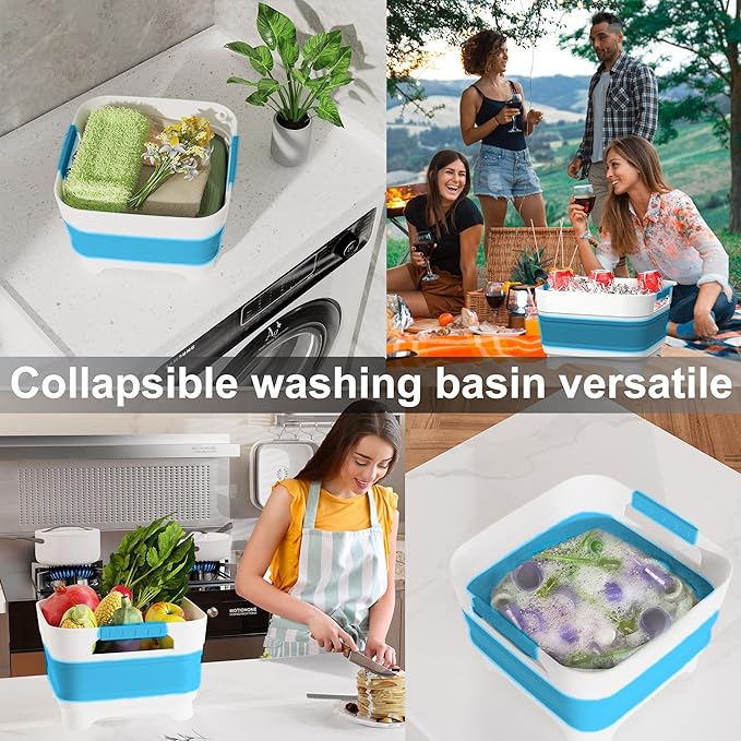 2.4 Gal Collapsbile Wash Basin with Drian Plug,9L Dish Pan for Soaking Baby Bottles,Portable Sink, Multiuse Foldable Bucket,Ice Beverage Tubs for Camping, Vegetable Washing, RV (Blue)-NeatNest